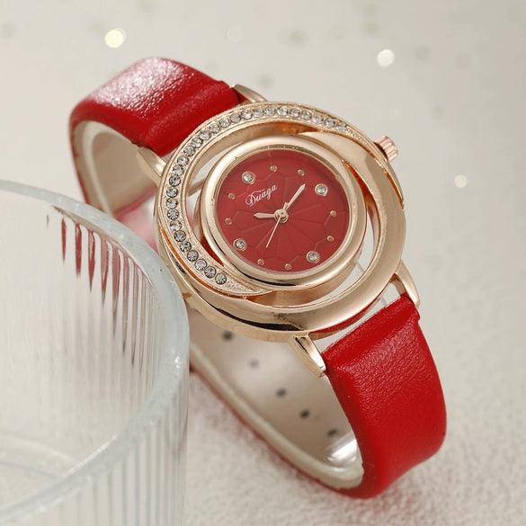 Wholesale Women's Fashion Alloy And Pu Belt Round Dial Quartz Watch With Diamond Inlay