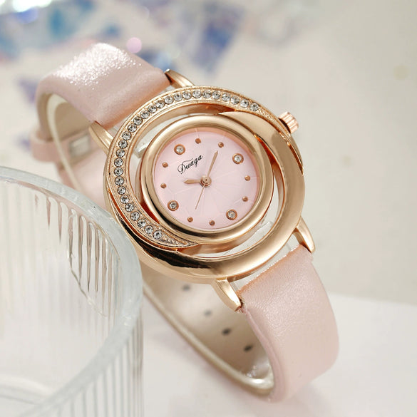 Wholesale Women's Fashion Alloy And Pu Belt Round Dial Quartz Watch With Diamond Inlay
