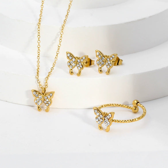 Wholesale Women's Fashion Butterfly Insect Pattern Stainless Steel Jewelry Suit With Electroplating And Inlaid Zircon Including Earrings Ring And Necklace