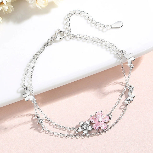 Wholesale Women's Fashion Cherry Blossom And Flower Sterling Silver 925 Electroplated Bracelet