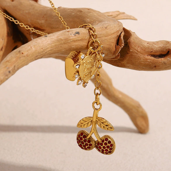 Wholesale Women's Fashion Creative Pendant Necklace With Cherry Shape Tassel Stainless Steel Electroplated 18K Gold