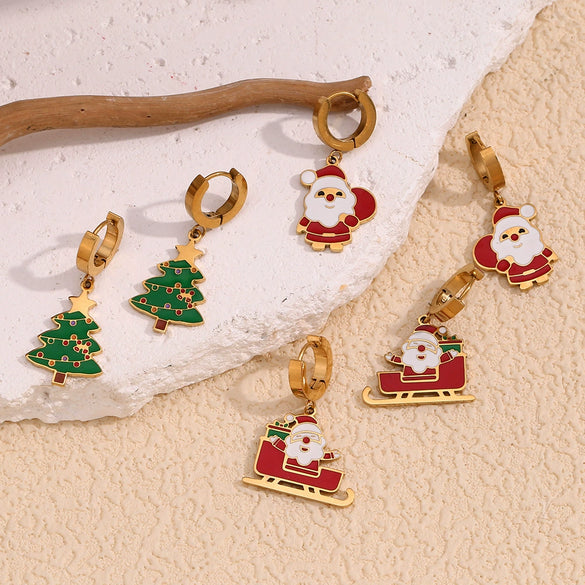 Wholesale Women's Fashion Cute Cartoon Stainless Steel 18K Gold Plated Santa Sleigh Christmas Tree Earrings