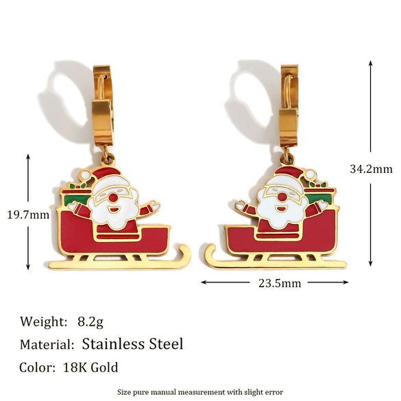 Wholesale Women's Fashion Cute Cartoon Stainless Steel 18K Gold Plated Santa Sleigh Christmas Tree Earrings