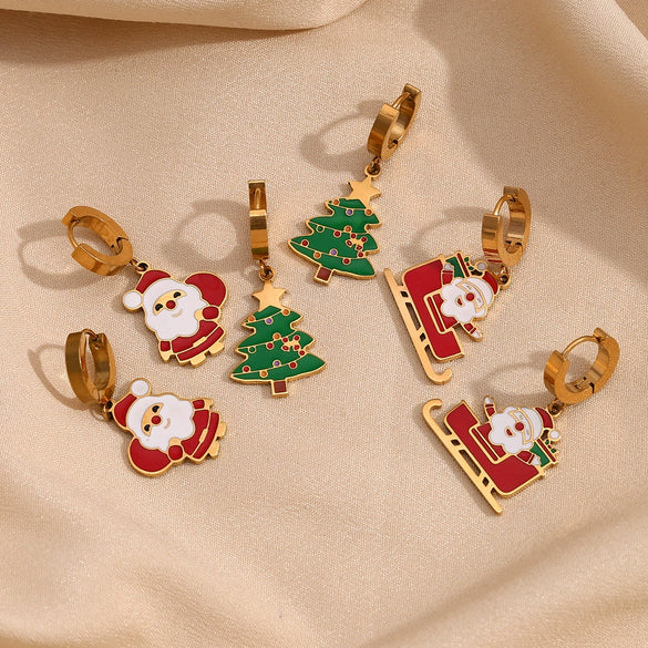 Wholesale Women's Fashion Cute Cartoon Stainless Steel 18K Gold Plated Santa Sleigh Christmas Tree Earrings