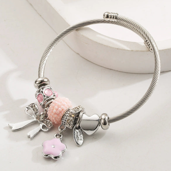 Wholesale Women's Fashion Diamond Design Stainless Steel Alloy Bracelet With Bow Flower Pendant