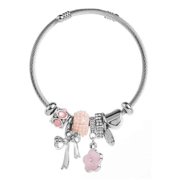 Wholesale Women's Fashion Diamond Design Stainless Steel Alloy Bracelet With Bow Flower Pendant