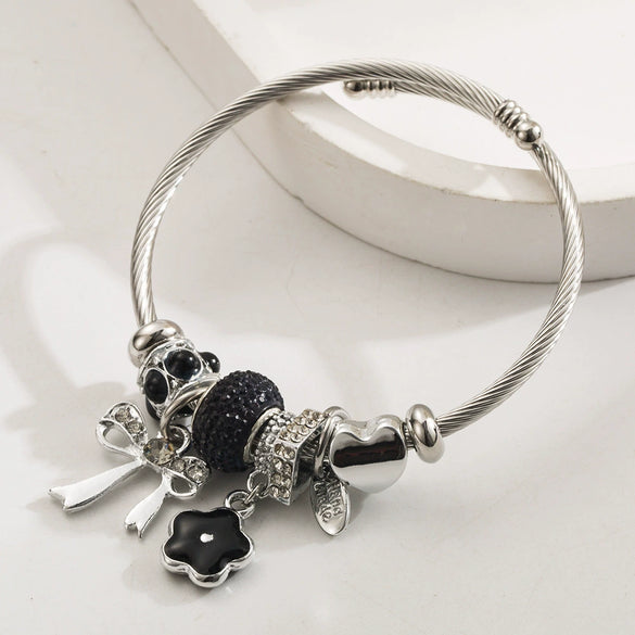 Wholesale Women's Fashion Diamond Design Stainless Steel Alloy Bracelet With Bow Flower Pendant