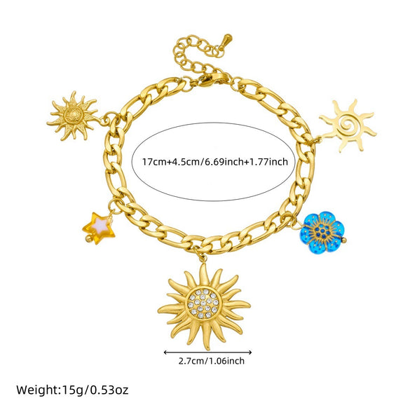 Wholesale Women's Fashion Diamondplated Goldplated Stainless Steel Plants And Flowers Sun Pendant Chain Jewelry Set