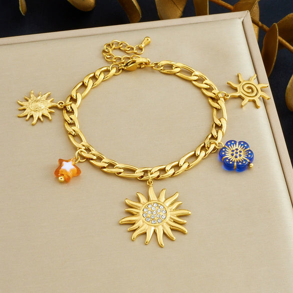 Wholesale Women's Fashion Diamondplated Goldplated Stainless Steel Plants And Flowers Sun Pendant Chain Jewelry Set