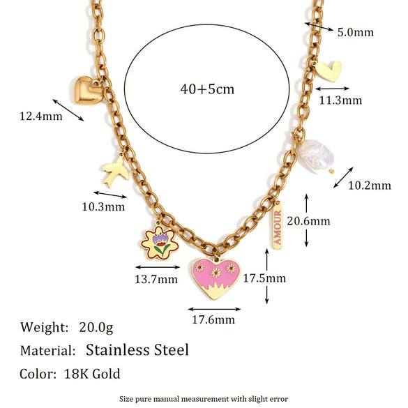 Wholesale Women's Fashion Drop Oil Necklace With Heart Flower Geometric Pendant Stainless Steel Titanium Steel 18K Gold Plated
