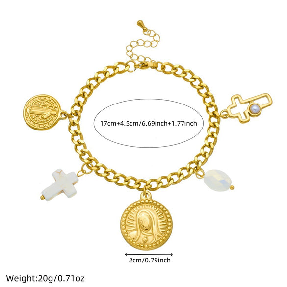 Wholesale Women's Fashion Elegant Retro Pearl Cross Oval Relief Saint Crown Roman Numerals Pattern Stainless Steel Electroplated Pendant Necklace And Hand Jewelry Set