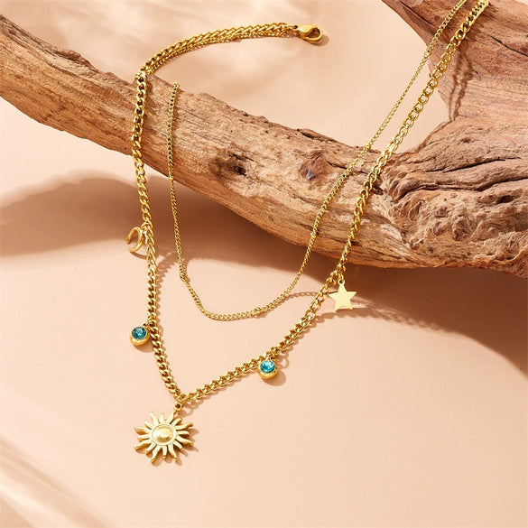 Wholesale Women's Fashion Elegant Stainless Steel Double Layer Stacked Clavicle Chain Necklace With Sun Moon And Star Shape Electroplated Design