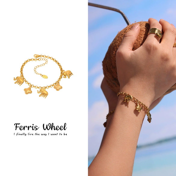 Wholesale Women's Fashion Elephant Fourleaf Flower Geometric Ferris Wheel Stainless Steel Electroplated Pendant Bracelet