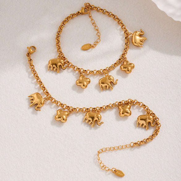 Wholesale Women's Fashion Elephant Fourleaf Flower Geometric Ferris Wheel Stainless Steel Electroplated Pendant Bracelet