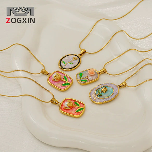 Wholesale Women's Fashion Flowershaped Tulip Pendant Necklace With Electroplated Titanium Steel And O Word Chain