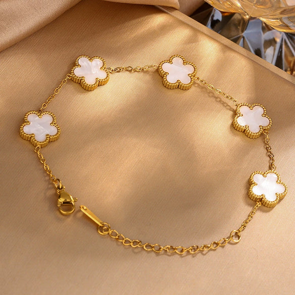Wholesale Women's Fashion Fresh Stainless Steel Bracelet With Five Leaf Grass And Plum Blossom Pattern Electroplated