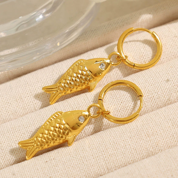 Wholesale Women's Fashion Fresh Style Fish Eye 316L Stainless Steel 18K Gold Plated Marine Earrings
