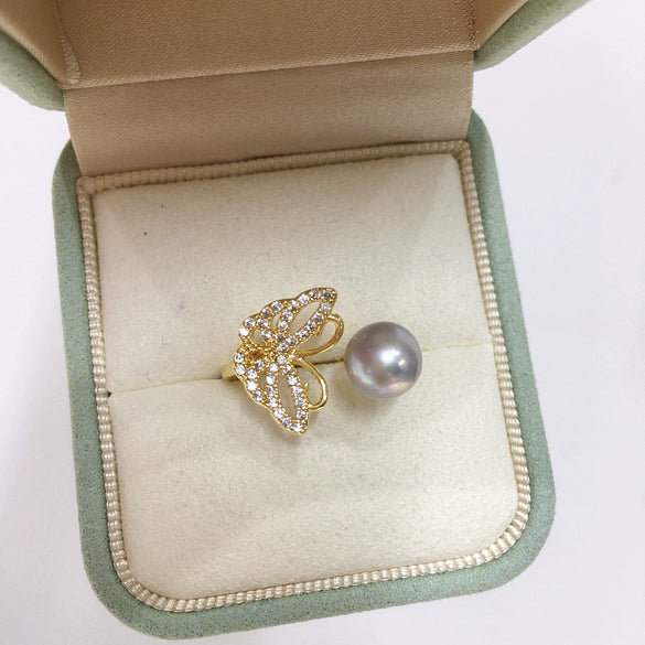 Wholesale Women's Fashion Freshwater Pearl And Copper Ring With Butterfly And Micro Set Zircon