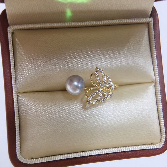 Wholesale Women's Fashion Freshwater Pearl And Copper Ring With Butterfly And Micro Set Zircon
