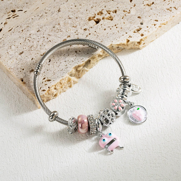 Wholesale Women's Fashion Fruit Styling Titanium Steel Electroplated Diy Crystal Bracelet With Cartoon Strawberry Pendant