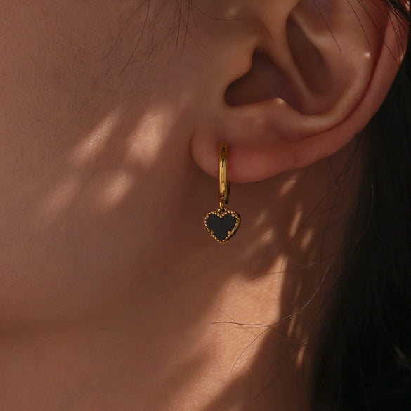 Wholesale Women's Fashion Geometric Black Agate Heart Pendant Earrings Stainless Steel 18K Gold Plated