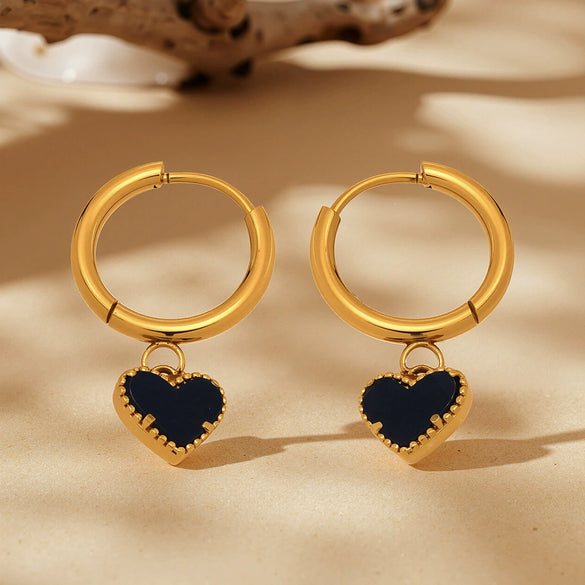 Wholesale Women's Fashion Geometric Black Agate Heart Pendant Earrings Stainless Steel 18K Gold Plated