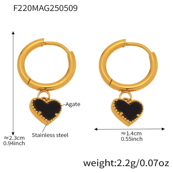 Wholesale Women's Fashion Geometric Black Agate Heart Pendant Earrings Stainless Steel 18K Gold Plated