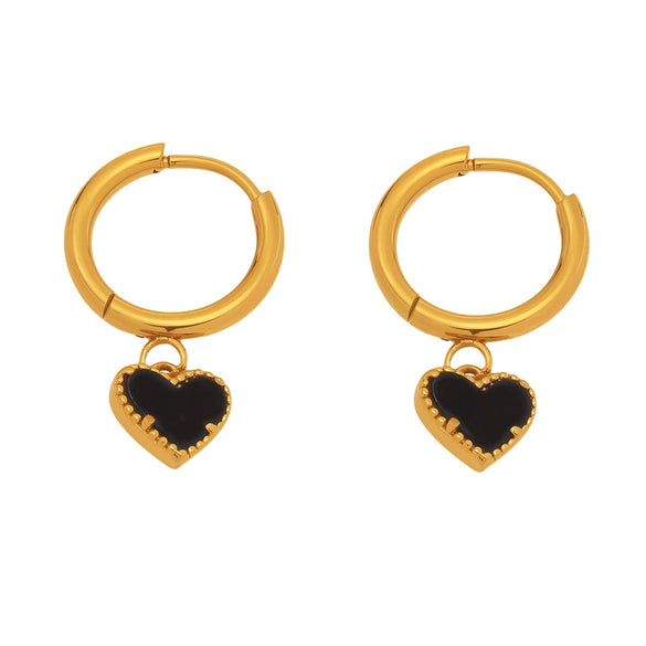 Wholesale Women's Fashion Geometric Black Agate Heart Pendant Earrings Stainless Steel 18K Gold Plated