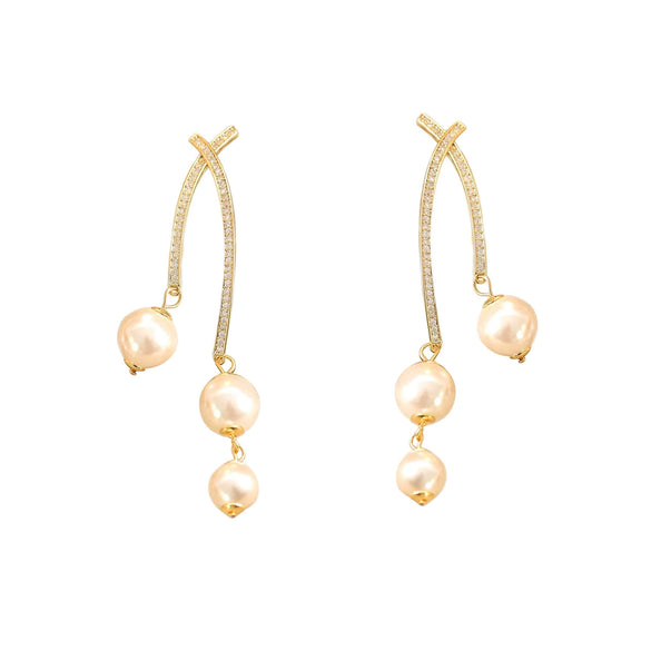 Wholesale Women's Fashion Geometric Copper Earrings With Long Tassels And Pearl Diamonds Micropaved Zircon Electroplated
