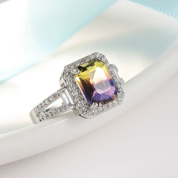 Wholesale Women's Fashion Geometric Copper Gold Plated Tourmaline Ring With Colorful Crystal Inlaid