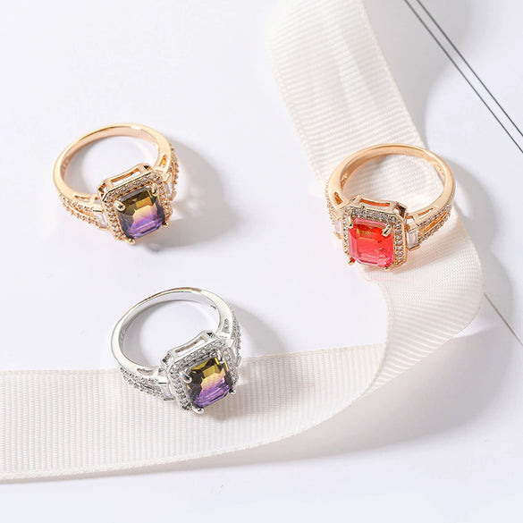 Wholesale Women's Fashion Geometric Copper Gold Plated Tourmaline Ring With Colorful Crystal Inlaid