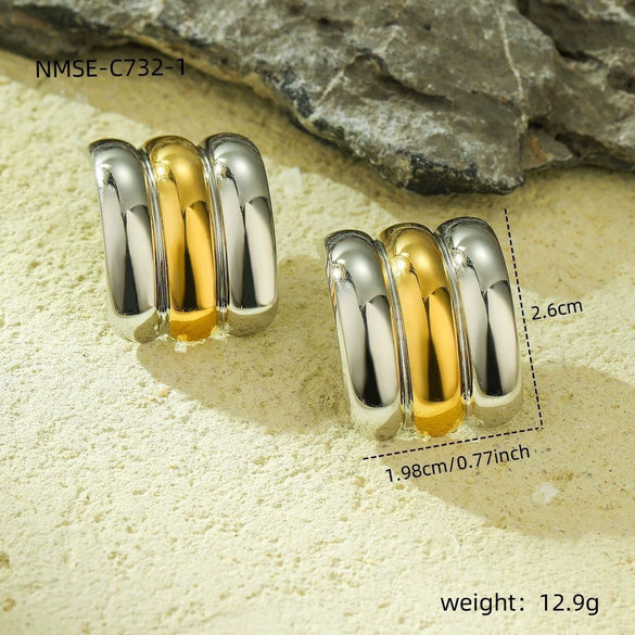 Wholesale Women's Fashion Geometric Cshaped Colorblocked Titanium Steel And 18K Gold Plated Earrings