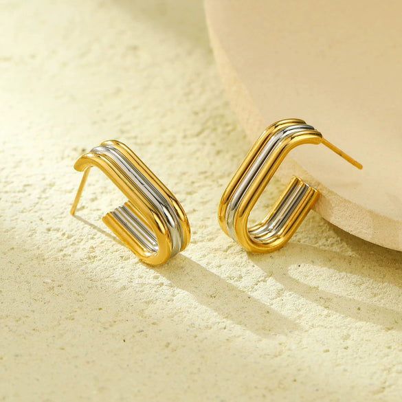 Wholesale Women's Fashion Geometric Cshaped Colorblocked Titanium Steel And 18K Gold Plated Earrings