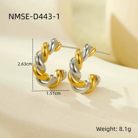 Wholesale Women's Fashion Geometric Cshaped Colorblocked Titanium Steel And 18K Gold Plated Earrings