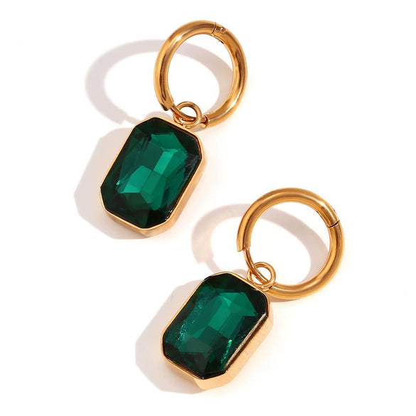 Wholesale Women's Fashion Geometric Cut Corner Rectangular Titanium Steel 18K Gold Plated Zircon Pendant Earrings