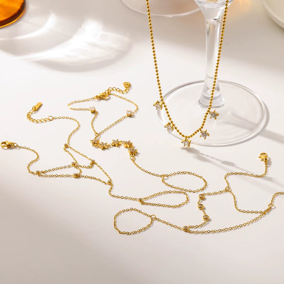 Wholesale Women's Fashion Geometric Diamondencrusted Zircon 18K Gold Vacuum Plated Stainless Steel Finger Chain Integrated Bracelet