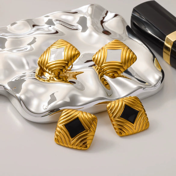 Wholesale Women's Fashion Geometric Diamondshaped Square Stainless Steel Earrings With Pvd Furnace Vacuum Real Gold Plating