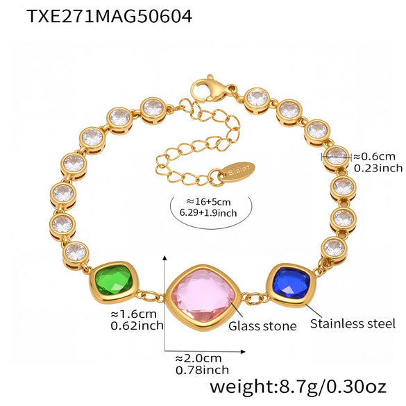 Wholesale Women's Fashion Geometric Faceted Transparent Czech Glass Stone 316L Stainless Steel Electroplated Bracelet