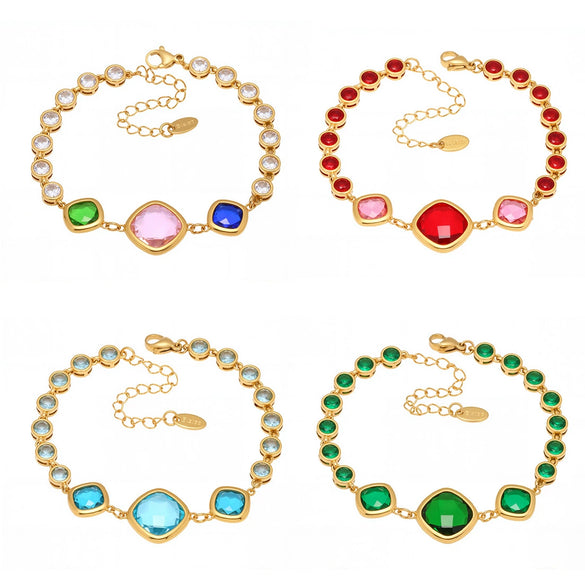 Wholesale Women's Fashion Geometric Faceted Transparent Czech Glass Stone 316L Stainless Steel Electroplated Bracelet