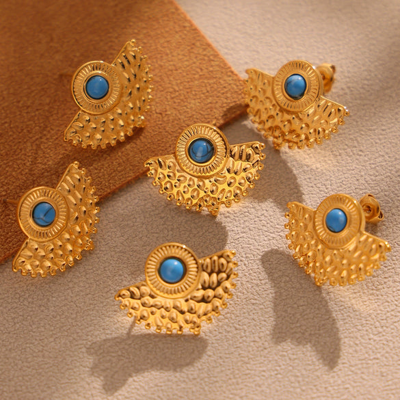 Wholesale Women's Fashion Geometric Fan Earrings In Stainless Steel With 18K Gold Electroplating And Natural Blue Turquoise