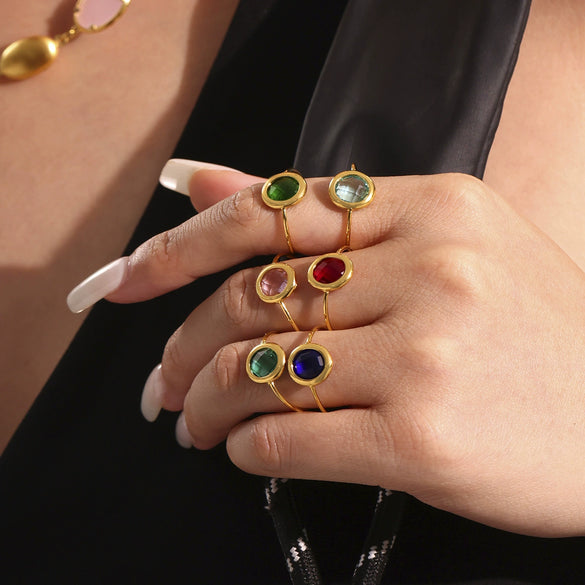 Wholesale Women's Fashion Geometric Ferris Wheel Faceted Open Bead Index Finger Ring Stainless Steel Glass Stone 18K Gold Plated