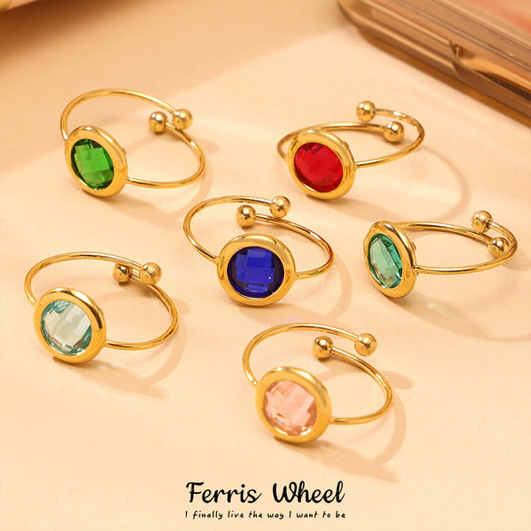 Wholesale Women's Fashion Geometric Ferris Wheel Faceted Open Bead Index Finger Ring Stainless Steel Glass Stone 18K Gold Plated
