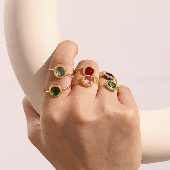 Wholesale Women's Fashion Geometric Ferris Wheel Faceted Open Bead Index Finger Ring Stainless Steel Glass Stone 18K Gold Plated