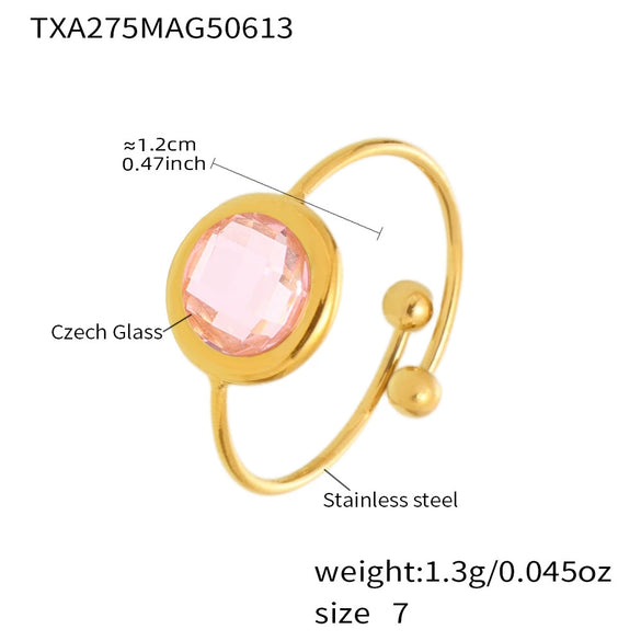 Wholesale Women's Fashion Geometric Ferris Wheel Faceted Open Bead Index Finger Ring Stainless Steel Glass Stone 18K Gold Plated
