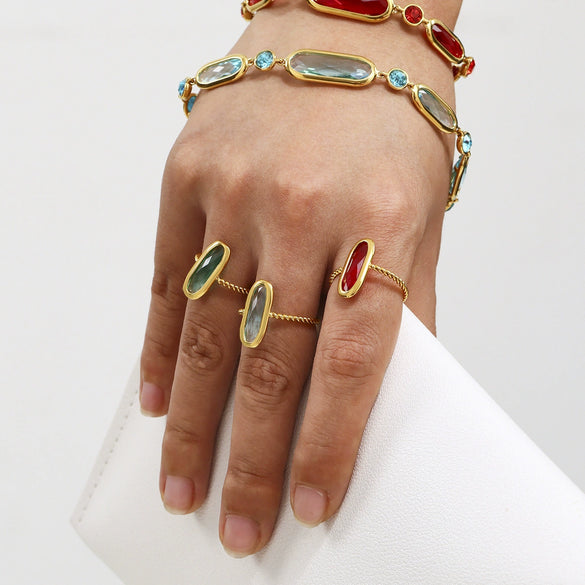 Wholesale Women's Fashion Geometric Ferris Wheel Rectangular Stainless Steel And Glass Stone Electroplated Open Index Finger Ring