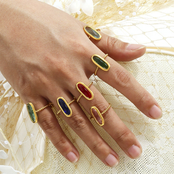 Wholesale Women's Fashion Geometric Ferris Wheel Rectangular Stainless Steel And Glass Stone Electroplated Open Index Finger Ring