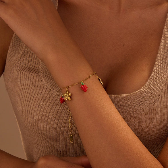 Wholesale Women's Fashion Geometric Fruit Pattern Stainless Steel 18K Gold Plated Bracelet