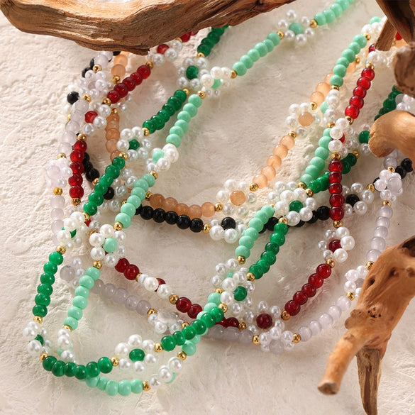 Wholesale Women's Fashion Geometric Handmade Beaded Necklace With Natural Stone And Titanium Steel Gold Plated