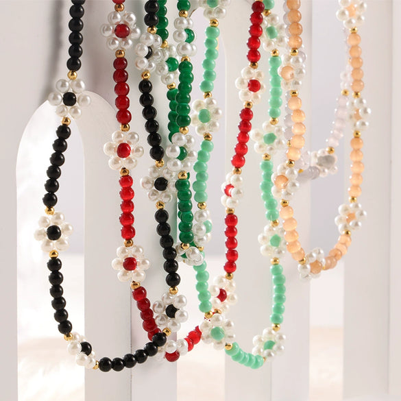 Wholesale Women's Fashion Geometric Handmade Beaded Necklace With Natural Stone And Titanium Steel Gold Plated