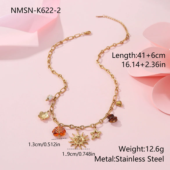 Wholesale Women's Fashion Geometric Heart And Sun Pendant Stainless Steel Electroplated Necklace